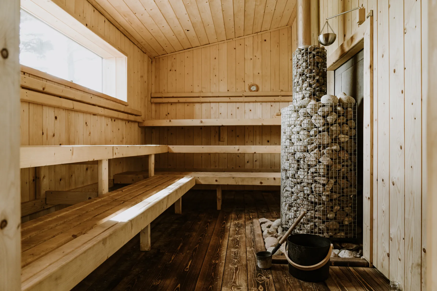 Interior of the wood-fired private sauna at Mad Yolk Farm, Galway