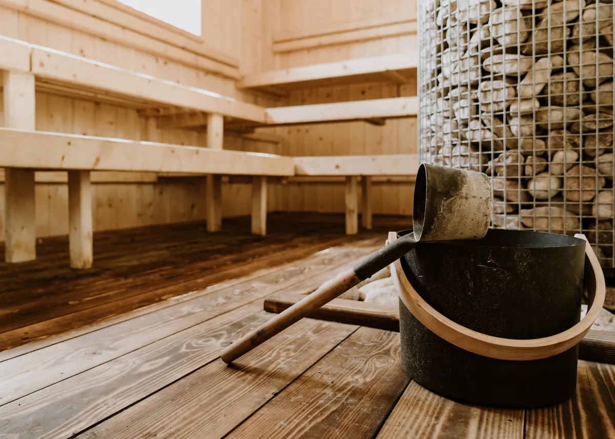 Water bucket and ladle inside the Mad Yolk Farm sauna